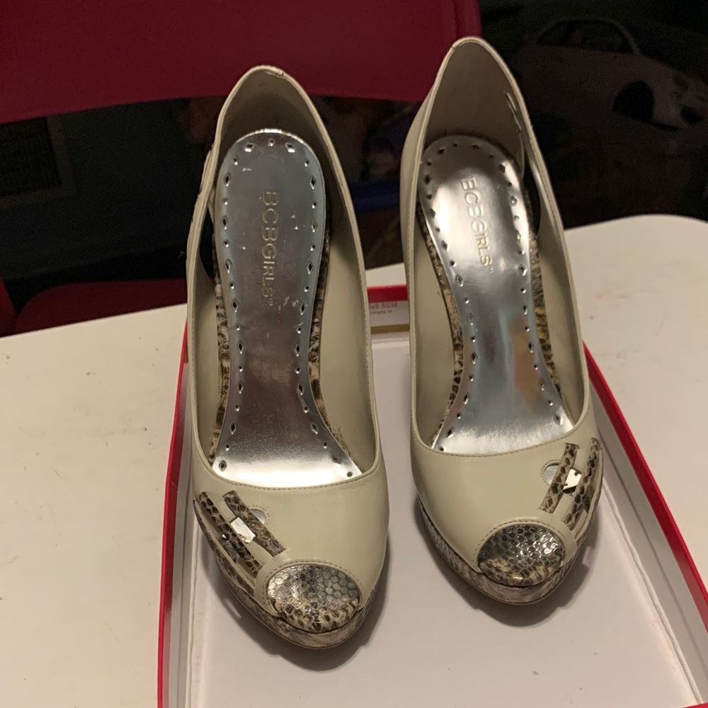 BCBGirls Cream and Silver Peep Toe Heels